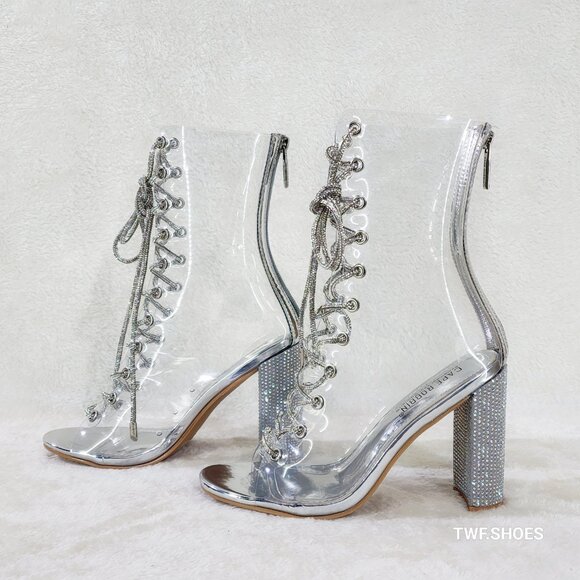 See Me Silver Rhinestone Laces Heels Clear Upper Open Toe Ankle Boots NEW - Picture 14 of 14